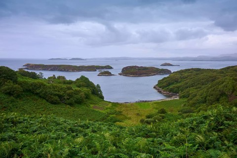 Tranquil landscape with islands and green shore under a dull sky, Drumberg Viewpoint, Drumbeg,