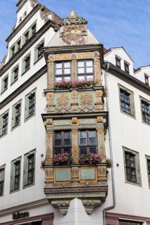 Beautiful Renaissance-style bay window on the historic town house at Burgstraße 5, Freiberg,
