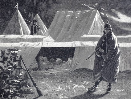 The equipment of the German military with tents, in front of it a guard, 1896, Prussia,
