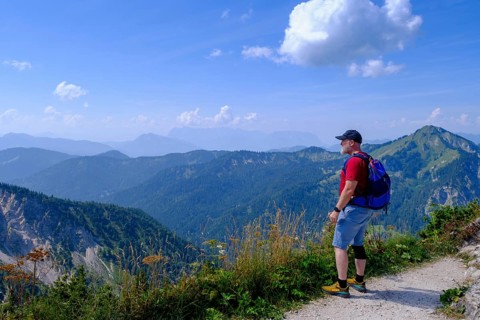 Hikers, mountaineers on Hochfelln, summit, near Bergen, Chiemgau, Upper Bavaria, Bavaria, Germany