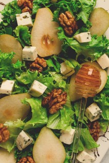 Keto Salad, pear with blue cheese and walnut, selective focus, no people, close-up