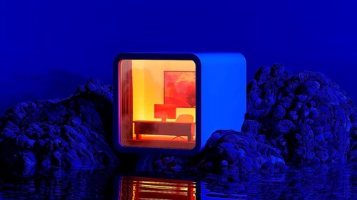 A contemporary workspace sits alone on rocky terrain, bathed in warm light, surrounded by a