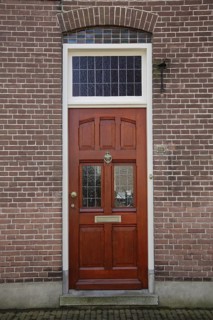 Brown front door with window, brick house, Den Burg, Texel, North Holland, Holland, Netherlands