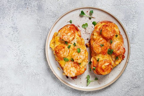 Sandwiches with shrimp and cheese, baked in the oven, with microgreens, breakfast, homemade, no