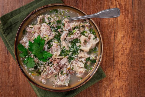 Muzhuzhi, a Georgian dish made from pork legs, with spices and herbs, homemade