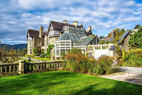 Autumn Colours over Bodnant House and Garden, Conwy River, Colwyn Bay, Conwy, Wales, UK