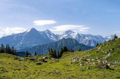 Picturesque mountain landscape, mountain panorama with peaks Eiger, Mönch and Jungfrau, Bernese
