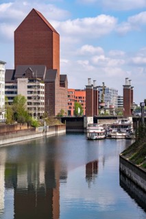 The Schwanentor Bridge in Duisburg's inner harbour, one of 3 lifting bridges, can be raised up to