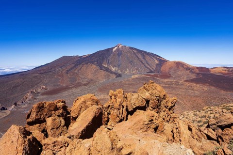 Mountain hiking, view from the summit of Montana Guajara to Mount Teide, Teide National Park,