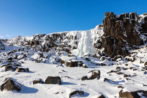 Öxarárfoss, frozen waterfall, lava rock, rock, snow, frost, winter, Golden Circle, Iceland,