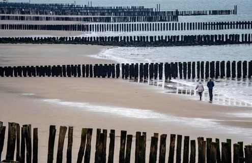 Coastal protection, through wooden posts, paalhoofden, on the beach, breakwater, the piles, some of