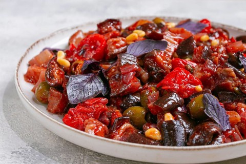 A plate of Sicilian caponata, vegetable stew, Italian cuisine, homemade, no people
