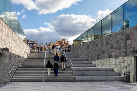Wide staircase between new buildings at Slussen lock in downtown Stockholm, Sweden