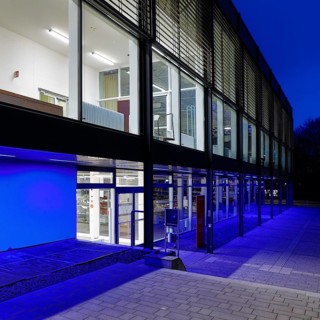 BlueBox Bochum in the evening, Department of Architecture at Bochum University, Central Campus,