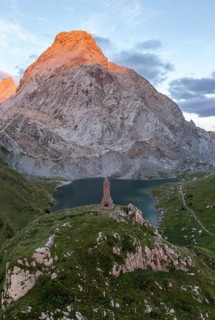 Aerial view, Lake Wolayersee with memorial statue, Carnic Alps, Carnic Alps main ridge, Austria