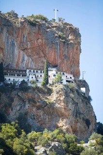 Elona Monastery in the mountainous landscape of Arcadia, Peloponnese, Greece