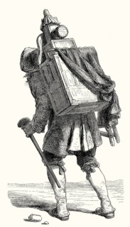 A man with a magic lantern on his back, France, 17th century