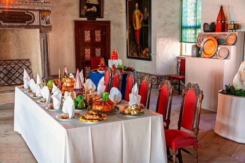 Banquet hall with a in an old castle with a festive dinner in a historic setting, Läckö castle,