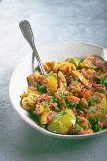 Fried green tomatoes, with onions and spices, green tomato appetizer, Georgian cuisine, homemade,