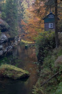 Log house and flowing water with ferns and rocks in the Edmunds Gorge in autumn. River Kamnitz,