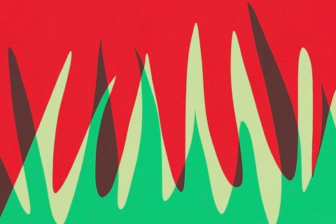 Dynamic abstract artwork featuring bold red and green shapes resembling flames or waves. The fluid