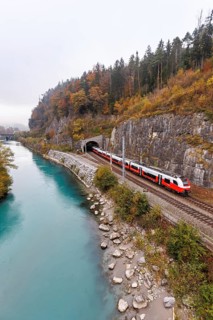 Train of the S-Bahn Vorarlberg of the Austrian Federal Railways ÖBB Eisenbahn Nahverkehr in autumn