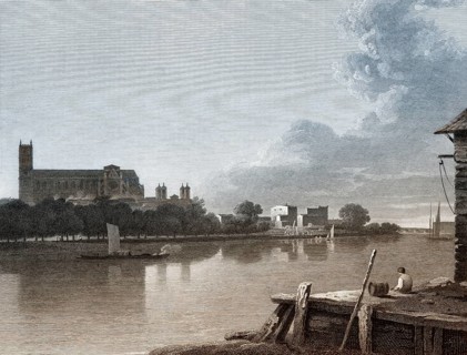 View from River Thames to Westminster Abbey, London, England, 19th century