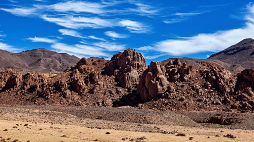 Desert landscape with rocky mountains and dry ground under a clear blue sky, The landscape of the