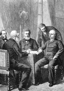 Negotiations for surrender with Jules Favre, Otto von Bismarck and others, scene from the