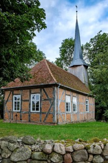 Picturesque view of Zachow village church, a 17th century half-timbered church in Zachow, Groß