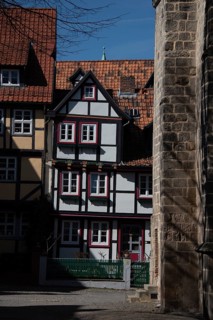 Historic half-timbered houses in the old town centre, World Heritage City of Quedlinburg,