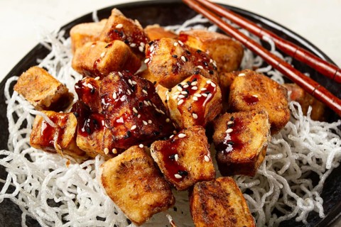 Fried eggplant, with funchosa noodles, with teriyaki sauce and sesame seeds, homemade, no people