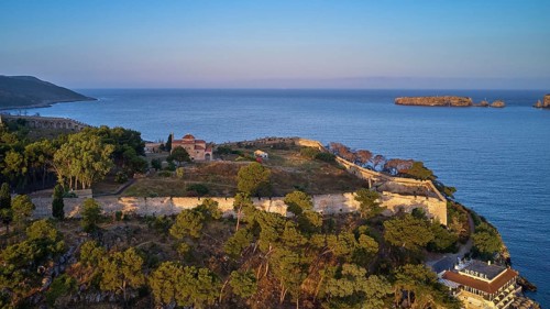 Drone view, aerial view of a historic fortress on a coast with surrounding sea, fortress,