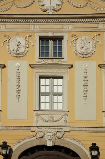 House facade with inscription and decorations from the Vogtland Museum, Plauen, Vogtland, Saxony,