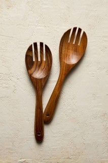Wooden spoon, with cloves, for salad, two pieces, natural wood, top view