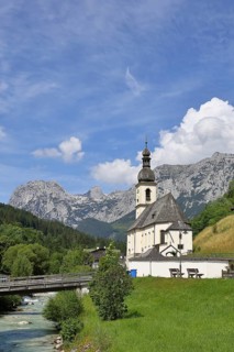Parish church of St Sebastian with Ramsauer Ache, Reiteralpe in the background, Ramsau,