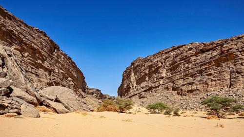 Narrow gorge with high rock faces under a bright blue sky, rocky gorge in the desert landscape of