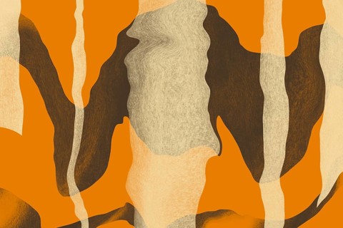 Flowing lines and textures in a palette of milky browns, deep blacks, and mustard yellows,