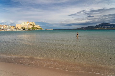 The beach and city view with marina and citadel in Calvi, Balagne, Corsica, France