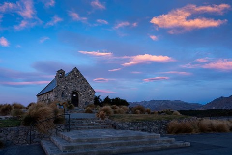 The small church The Church of the Good Shepherd on Lake Tekapo at sunset. Canterbury, South