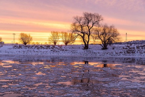 Cold winter morning on the Elbe with floating ice floes, snow and dawn at sunrise, Kötzschenbroda,