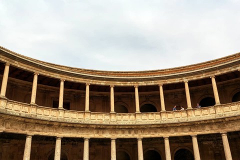 Palacio de Carlos V, Palace of Charles V, Renaissance palace in the Alhambra, tourists on a gallery