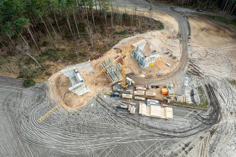 Aerial view of construction site, new bridge is build as part of bypass road, Celle, Germany