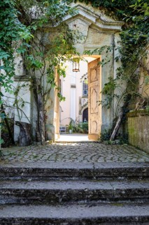 Wreathed passageway from the castle park into the castle courtyard, Püchau Castle, Machern, Saxony,