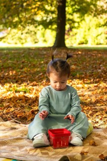 A young Asian toddler sits on a picnic blanket in a park during autumn, surrounded by colorful