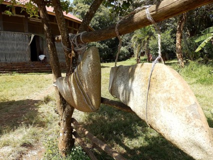 Two church bells made of hollow stones in front of an Orthodox church in Ethiopia
