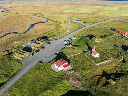 Mödrudalur farm and guesthouse northwest of Egilsstadir, aerial view of church, restaurant and