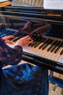 A person plays on a Bechstein piano. The fingers touch the keys synchronously, Jugend Musiziert,