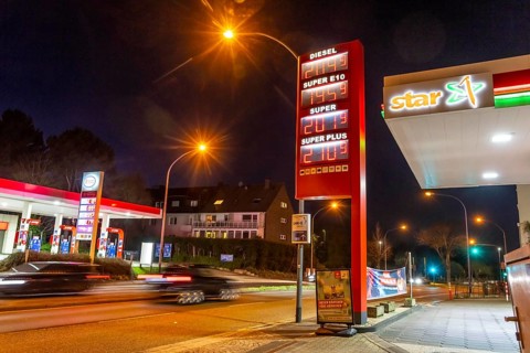 Gas station, high fuel prices due to the war in the Middle East, display board, Esso and Star gas