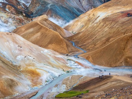 Steaming hot springs and colourful rhyolite mountains, Hveradalir geothermal area, Kerlingarfjöll,